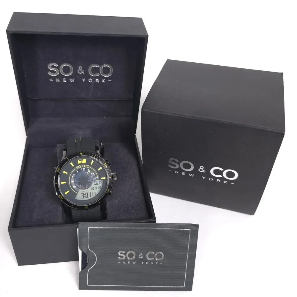 SO & CO NY New Mens Watch Analog Digital Black Yellow Sport 100M Water Resistant
